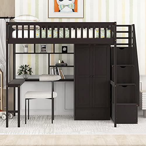 Modern Full Size Loft Bed With Built-In Wardrobe And Desk, Solid Wood Loft Bed Frame With Storage Staircase And Shelf, Multi-Functional Loft Bed For Kids Teens Aldults, Maximized Space (Espresso-8F) #TOP3