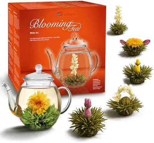 Creano Flowering Tea Gift Set - White Tea – 6 Blooming Tea with 17oz Glass Teapot