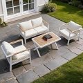 Aluminum Patio Sectional Furniture Set,4 piece Patio Conversation Sets Outdoor Patio Furniture Set Sofa with Coffee Table & Washable Cushions White
