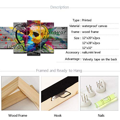 Sechars 5 Piece Large Wall Art Abstract Colorful Skull Painting Poster Pop Graffiti Skull Love Art Prints For Living Room Pub Bar Wall Decor Gift For Man Overall Size 60"X32" #TOP5