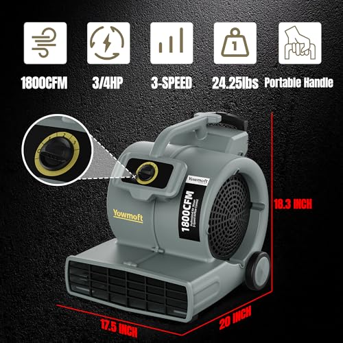 Image of AM1800-Classic 3 /4 HP Air Mover, Industrial Blower Fan with Telescopic Handle, 3 Speed 1800 CFM Carpet Dryer Floor Drying Fan for Carpets, Floor, Garage, Workshop, Energy Efficient