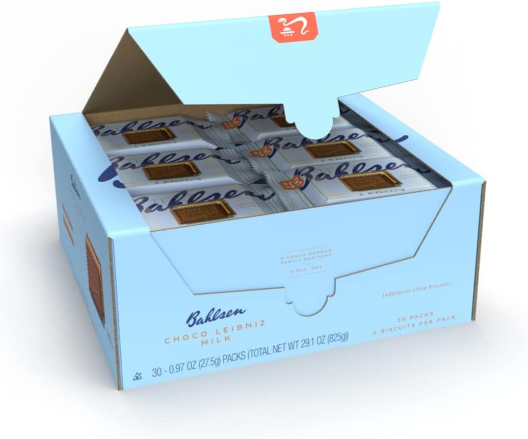 Bahlsen Choco Leibniz Milk Cookies (30 Single Serve) - Leibniz Butter Biscuits topped with a thick layer of German Chocolate - 1 oz Single Serving Packets (2 cookies)