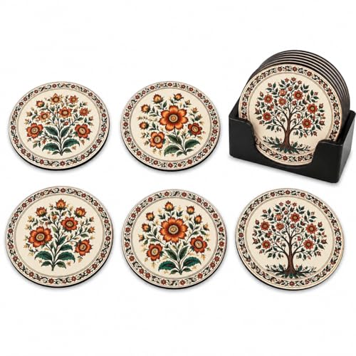 Image of Zesta Coasters for Cups Set of 6 / Wooden Coasters for Bar Accessories for Home /Tea Coaster Set of 6 / Waterproof Dining Table Decor Glass Cover (Floral, Circle)