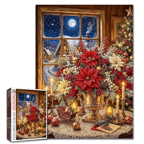 1000 Piece Jigsaw Puzzles for Adults Rustic Christmas Flowers Jigsaw Puzzle Cozy Xmas Floral Puzzles Game Charming DIY Craft Fall Window Home Decor Christmas Window Snowy Cottage Art by Tucocoo - Used condition - US$15.16