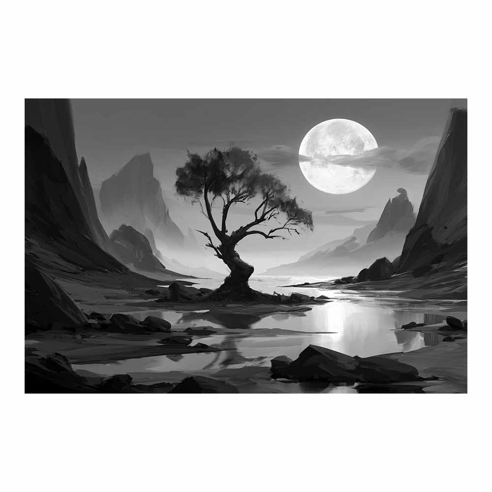 XENIOU Black And White Pictures Moon Lone Tree Landscapes Canvas Wall Art, artwork for Bedroom Living Room Bathroom Office Home Decoration(Multicolor)-80x120cm Unframed