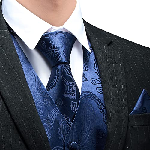 Faimo Men's Suit Vests, Mens Vests Dress Waistcoat For Suit Or Tuxedo, Business Formal Paisley Floral Blue Vest For Men +Tie Pocket Square Set #TOP3