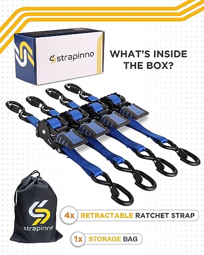 Image of Strapinno 4 Pack Auto Retractable Ratchet Straps Bundle -1 in x 6 ft, 1500 LBS Break Strength Each, Heavy Duty Tie Down Straps for Cargo Securing, Weather Resistant Safety S-Hooks, Blue Strap
