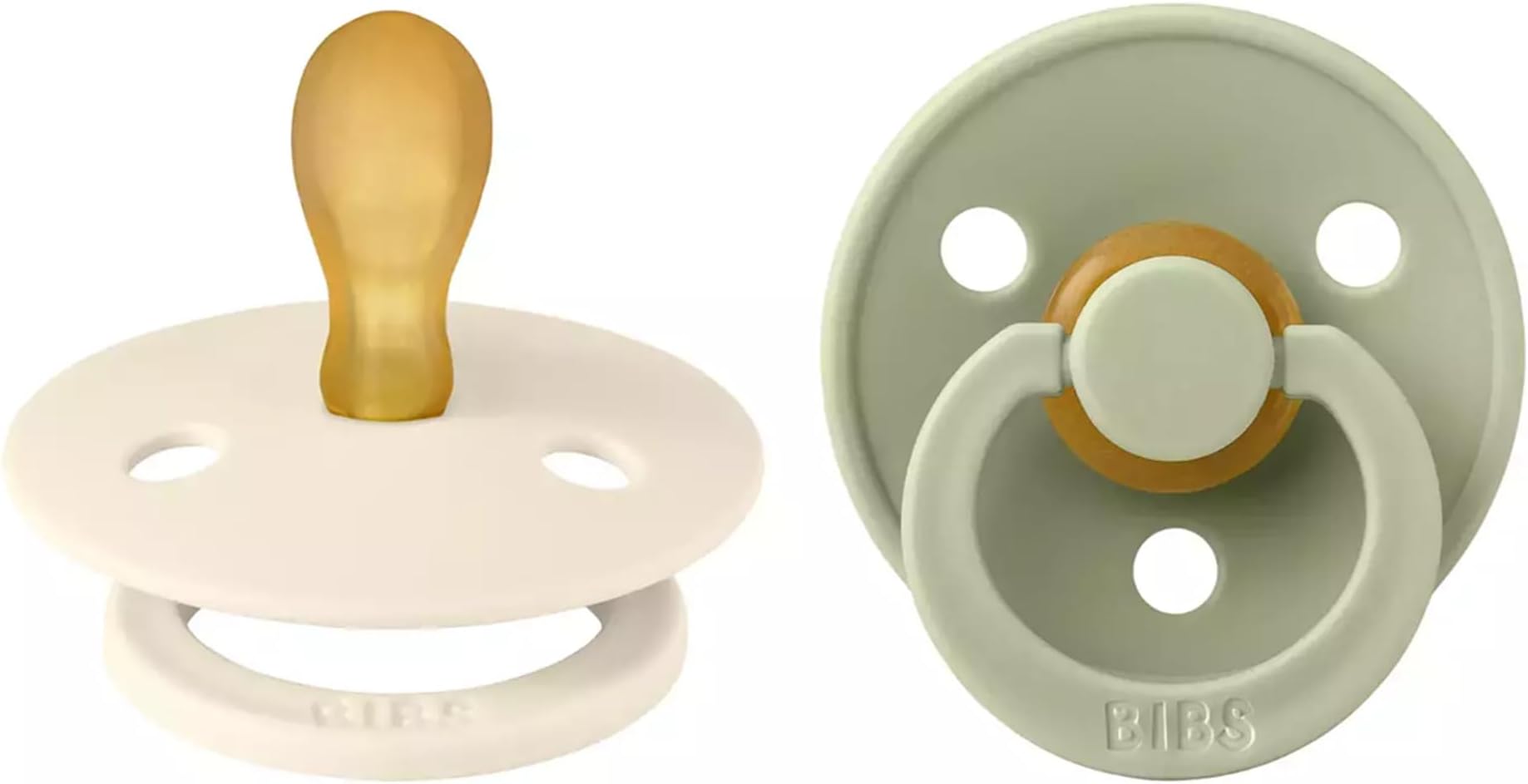 BIBS Colour Soother 2-Pack, BPA Free Dummy Pacifier, Round Nipple. Natural Rubber Latex, Size 1 (0-6 Months), Ivory/Sage