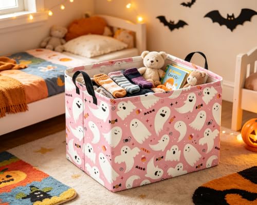Image of Rectangular Halloween Basket for Boys and Girls Kids Trick or Treat Pumpkin Basket for Halloween Parties Cute Storage Bin Organizer Box Room Decor(Pink Halloween)