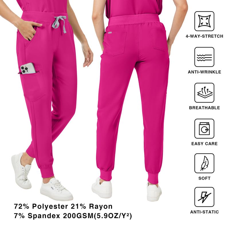 Image of Kitmaz Scrub Pants for Women - Mid Rise 4-Way Stretch Anti-Wrinkle Slim Fit Jogger Pants, Drawstring & 5 Pockets