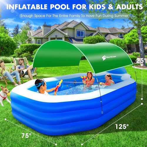 StarOcean Inflatable Pool with Canopy,2024 Large Inflatable Swimming Pool for Kids,Adult,BlowUp Pool With Seats,Backrest.Durable Thickened 125"x75"x25"Inflatable Family Pool for Backyard,Outdoor-Green - Thumbnail 3