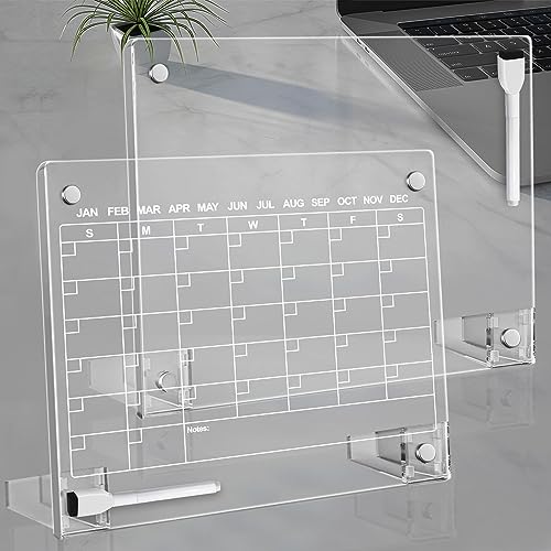 2PCS Acrylic Dry Erase Board with Stand for Desk, 16x12 Large Desktop Monthly Whiteboard Magnetic Clear Calendar Memo Board for Fridge, Office, School, Home