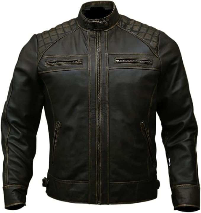 Image of Genuine Leather Men's cafe racer jacket Sheepskin Quilted Motorcycle Style Lambskin Leather Jacket Men