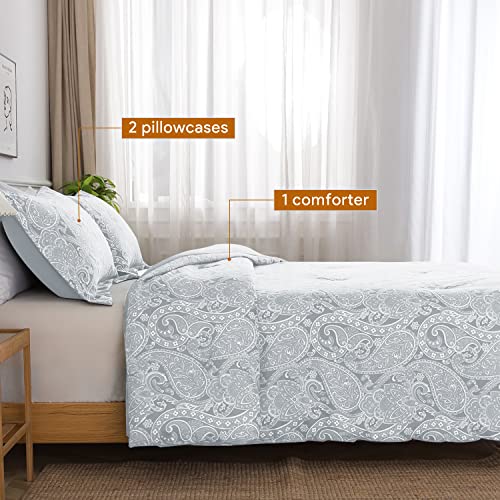 Kacemoo Grey Queen Paisley Comforter Set - Lightweight Microfiber Boho Floral Printed Bedding Comforter Set Soft Breathable Pattern Down Alternative Reversible Comforter Sets Cover All Season Use #TOP1