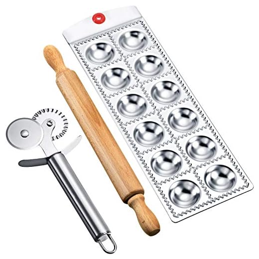 3 Pieces Ravioli Maker Mold with Rolling Pin and Ravioli Double Cutter Wheel Roller Pizza Wheel Cutter Pastry Cutter for Kitchen Use