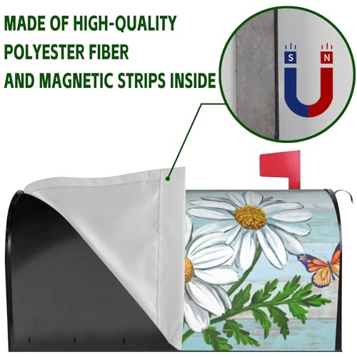 Image of Daisy Flowers Butterfly on Rustic Wooden Board Mailbox Covers Magnetic Standard Size, Spring Summer Floral Magnetic Mailbox Covers for Holiday Outside Yard Decor 18 inchx21 inch