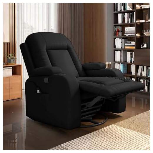 Poltrona do Papai Reclinável Massagem e Aquecimento Giratório Balanço 2 Porta Copos Gambon PU Preto G31 - Gran Belo