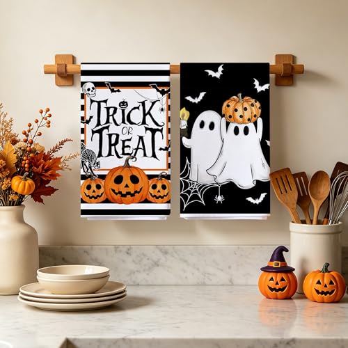 Image of Hexagram Halloween Kitchen Towels, Black Halloween Hand Towels for Bathroom | Ghost Decor, Pumpkin Decor, Stripe Dish Towel, Set of 2, Trick or Treat Decorations, 18x28 Inch, Autumn Gifts