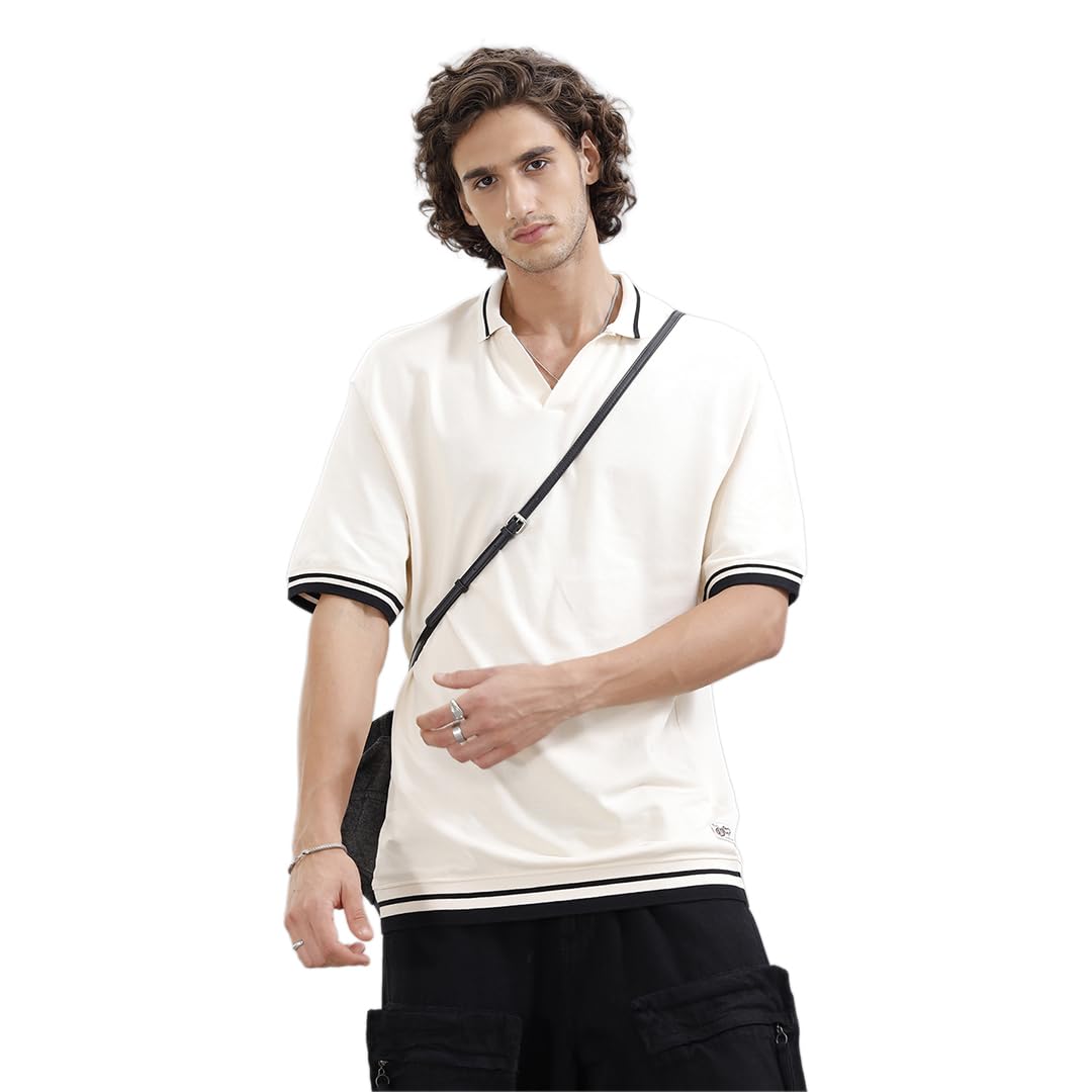 wrogn Men's 100% Cotton Polo T-Shirt | Contrast Trim Detail | Oversized Fit-picture-21