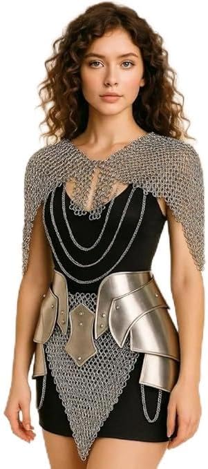 Women’s Medieval Armor Set – Chainmail Shoulder Cape & Steel Waist Belt Skirt – LARP, Cosplay & Renaissance Costume