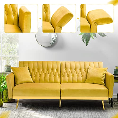 Acmease 70” Velvet Futon Sofa Bed W/Adjustable Armrests & 2 Pillows, Convertible Futon Couch, Modern Sleeper Bed For Living Room, Bedroom, Yellow #TOP1