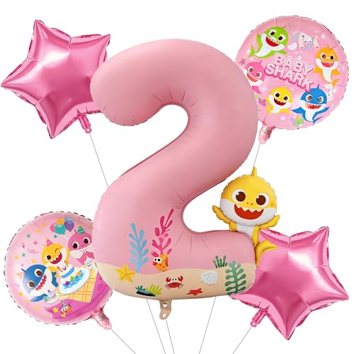 Image of PartyWoo Baby Shark Pink Foil Number 2 Balloon 5pcs 40 18 Inch Pink Round Star Mylar Helium Birthday Balloons for Boys and Girls Baby Shark Under the Sea Ocean Kids Second Birthday Party Decorations