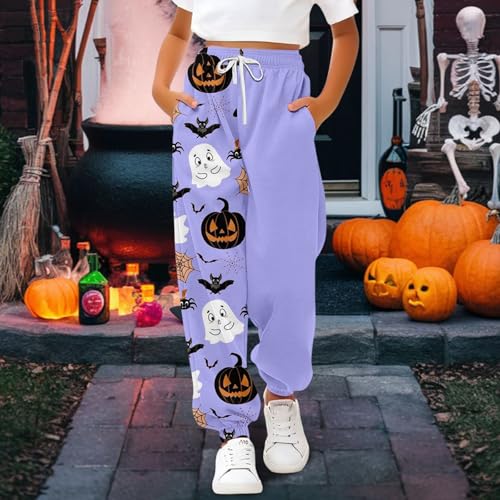 Teen Girls Halloween Sweatpants Cotton Wide Leg Joggers Long Pants Kids Drawstring Pumpkin Trousers High Waist Bottom4
