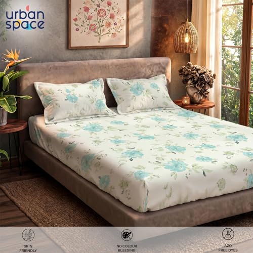 Image of Urban Space Serene 100% Cotton Bedsheet for Double Bed, Floral Queen Size Bed Sheet with 2 Pillow Covers (88 x 100 Inches, Sapphire Soft Aqua)