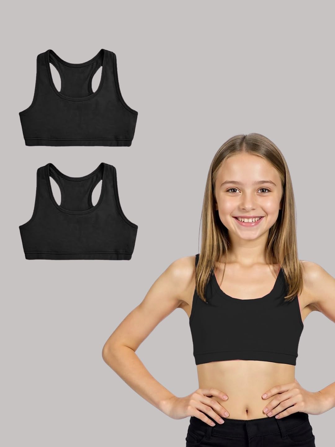 A.T.U.N. (ALL THINGS UBER NICE) Reggiseno sportivo in cotone per ragazze e adolescenti (confezione da 2) | Maglietta non imbottita per principianti | Comodo reggiseno per allenamento, yoga e