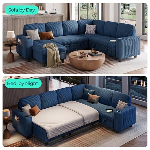Image of LINSY HOME Sectional Sleeper Sofa with Pull Out Couch Bed - Convertible Plush Corduroy Cloud Couch with Storage Chaise & USB Charging, Comfy Modular Couches for Living Room, Blue