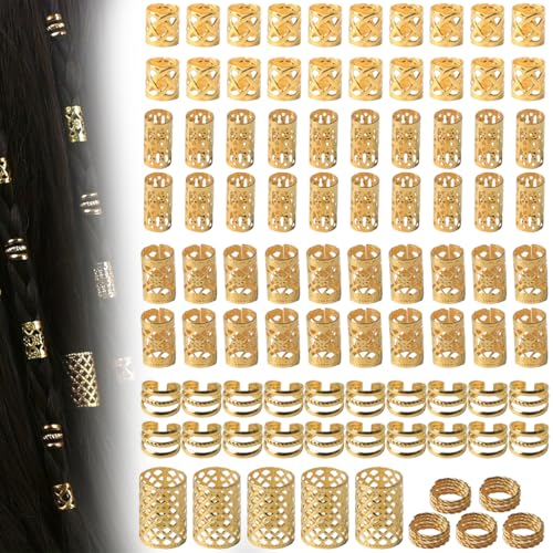 90 Pièces Bijoux Cheveux Tresse Doré, Dreadlocks Perle Cheveux Métal Réglable Vikings Spiral Coils, Bague Cheveux Anneau Cheveux pour Hommes/Femmes Cheveux...