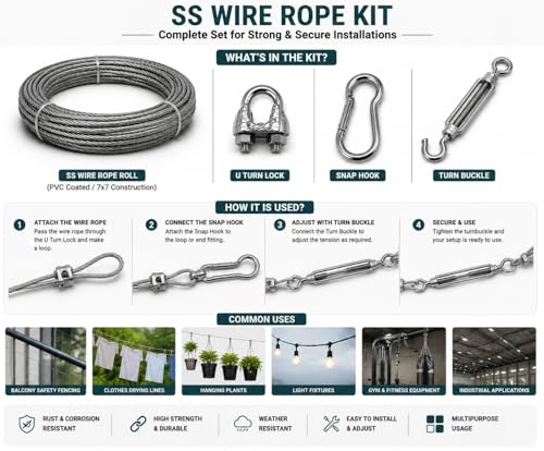 Image of Heavy Duty 4MM PVC Coated Wire Rope Kit | 7x7 GI Steel Cable with Snap Hooks, U Clamps & Turnbuckle | Rustproof Clothesline Wire for Balcony, Gym & Outdoor Use (15 Meter /49.2 Feet)