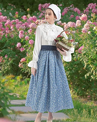 Nspstt Women Pioneer Colonial Skirt Girls Peasant Prairie Skirt Civil War Trek Floral Costume Blue #TOP5