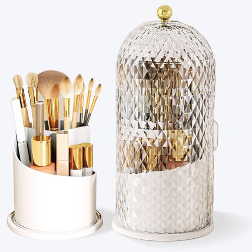 JIANGLAI Makeup Brush Holder with Lid, 360 Rotating Multifunction Clear Dustproof Skincare Cosmetic Tools Storage Organizer for Vanity Desktop Bathroom Countertop (White)