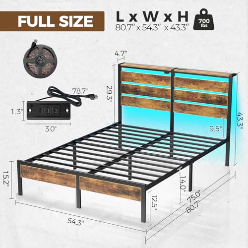 Image of Rolanstar Bed Frame Full Size with USB Charging Station, LED Bed Frame with Wood Storage Headboard, Rustic Brown Metal Platform Bed with Under Bed Storage, No Box Spring Needed, Noise Free