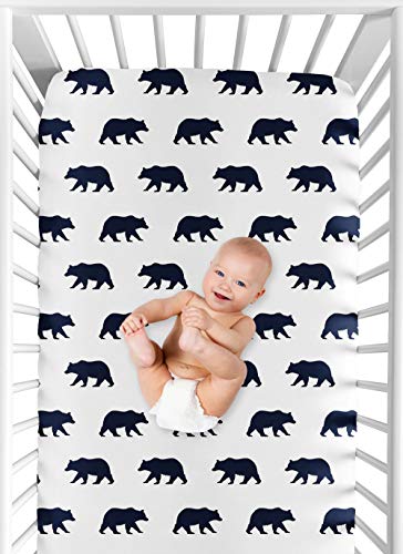 Image of Navy Blue and White Bear Print Baby or Toddler Fitted Crib Sheet for Big Bear Collection by Sweet Jojo Designs