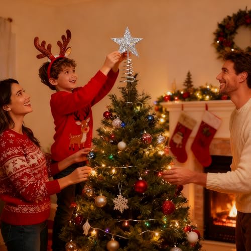NOCHME Weihnachtsbaumspitze Stern,15 Cm Breit Extra Tief 3d-Glitzernde Christbaumspitze Weihnachten Dekoration Ornament Für Feiertage, Weihnachtsbaum, Silber