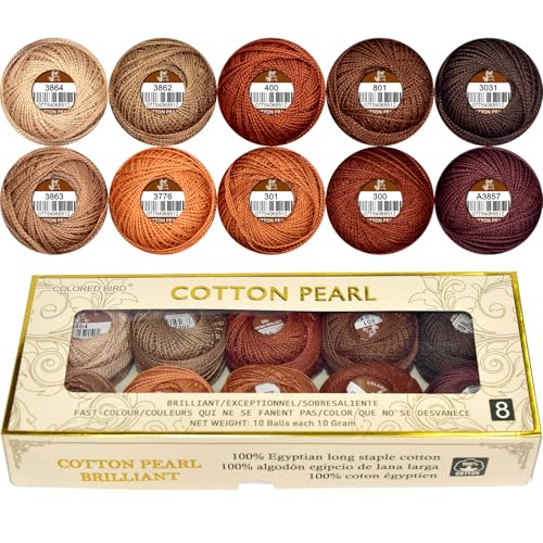 Double Mercerized Egyptian Long Staple Cotton Pearl Thread Ball 10 Grams Rainbow Color Embroidery Thread 10 Colors per Box for Crochet Hardanger Cross Stitch Hand Embroidery caffee Series