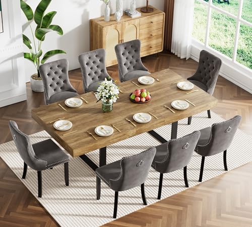 Image of Brown Dining Room Table Set for 8, 9-Piece 63 inch-78.74 inch Extendable Dining Table Set with 8 Upholstered Chairs, Rectangle Wooden Expanding Kitchen Table and Grey Chairs Set