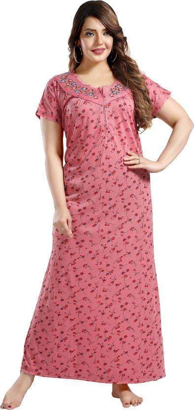 Women's Hosiry Printed Nighty – Soft & Comfortable Sleepwear with Floral Design, V-Neck, Short Sleeves – Full Length Night Gown for Women