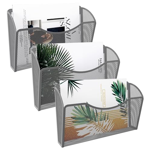 EasyPAG 3 Pack Wall File Holder, Single Mesh Hanging File Organizer for A4 Letter Size Paper, Wall Mount Paperwork Basket for Office, Home, School, Silver