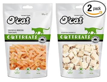 O'Cat Chicken and Broccoli Thin Chips 50 GMS + Codfish Granule 50 GMS Treats for Cats & Kitten | Dental & Training Cat Treats.