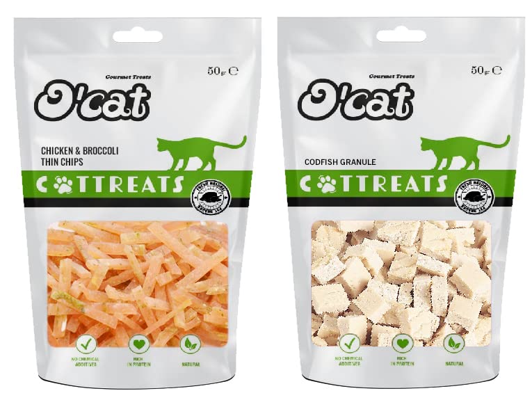 Pets Empire O'Cat Treats, Chicken & Broccoli Chips with Codfish Granule- Healthy Treat, 100g (50g x 2 Pack) - Cat Treats for Adult & Kittens - Cat Snacks Bites for Training & Feeding (Non Veg)