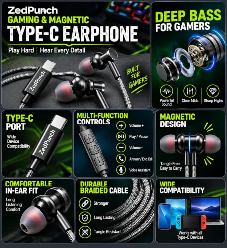 Image of Type C Wired in-Ear Earphones with Mic | 10mm Dynamic Driver | 3 Button Control | Magnetic Gaming Earbuds | HD Calling & Voice Assistant | Metal Build | Compatible with Android USB C Devices