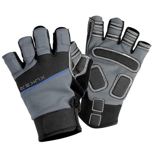 XUKER Half Finger Padded Palm Gloves for Water Sports, Robust & Slip Resistant, Quick-Drying for Kayaking, SUP, Diving, Windsurfing, Sailing, Jet Skiing, Grey, L
