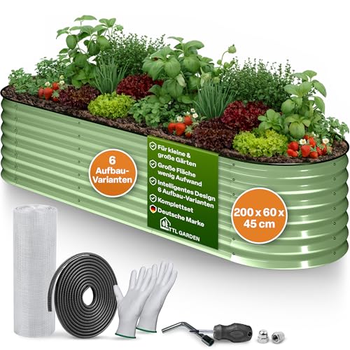 TTL GARDEN 200x60x45cm Metall Hochbeet Fusion 6-in-1 Salbei Grün - Stahl rostfrei verzinkt & lackiert 45cm hoch 60cm breit Wellblech Form oval stabil Garten Beet für Gemüse Kräuter Blumen Gartenbeet