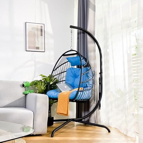 Walnut Outdoor Indoor Rattan Swing Egg Chair, Folding Hanging Chair With C-Bracket, With Cushion And Pillow #TOP1