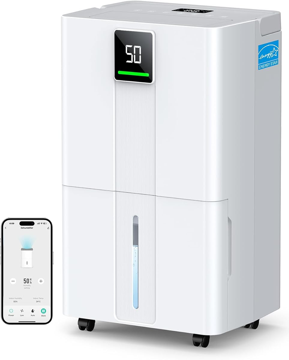 Max 100 Pint 6000 Sq.Ft Energy Star Wi-Fi Dehumidifier for Basement | Smart Compressor Dehumidifier with Drain Hose, Quiet, Intelligent Humidistat, 24H, Auto Defrost for Bedroom, Home, Bathroom