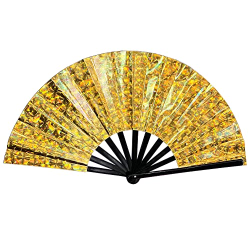 SFBBCLOZ Holographic Rave Fan Pride Fan Festival Fan Large Folding Fan for Festivals Burlesque Drag Queen Clack Fan Hand Fan Rainbow Pride Rave Outfits for Women Men Rave Accessories Gold 2