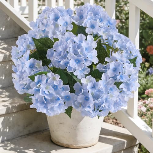 Kisflower Hydrangea Artificial Flowers Faux Hydrangea Flowers Silk Flowers Bouquets with Stems for Table Vase Centerpiece Wedding Party Outdoor Decor(Blue 1pcs)